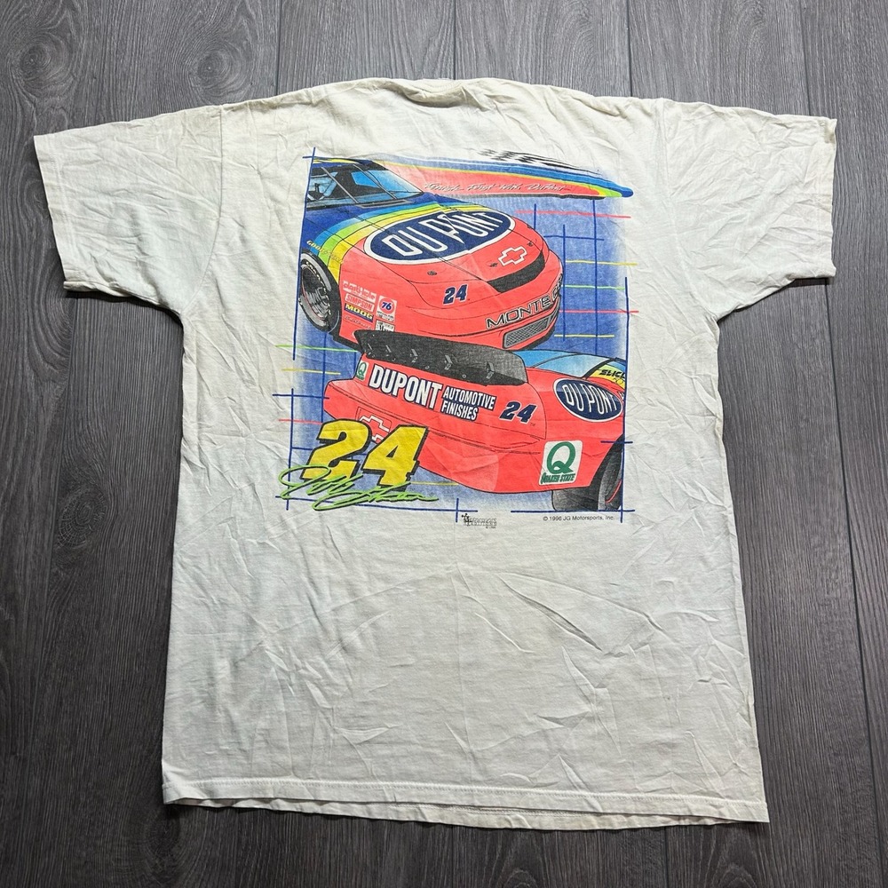 Vintage 1996 Jeff Gordon DuPont Racing T-Shirt Mens L White NASCAR Distressed